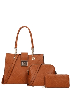 3in1 Quilted Chain Shoulder Bag Set TT-7169S BROWN